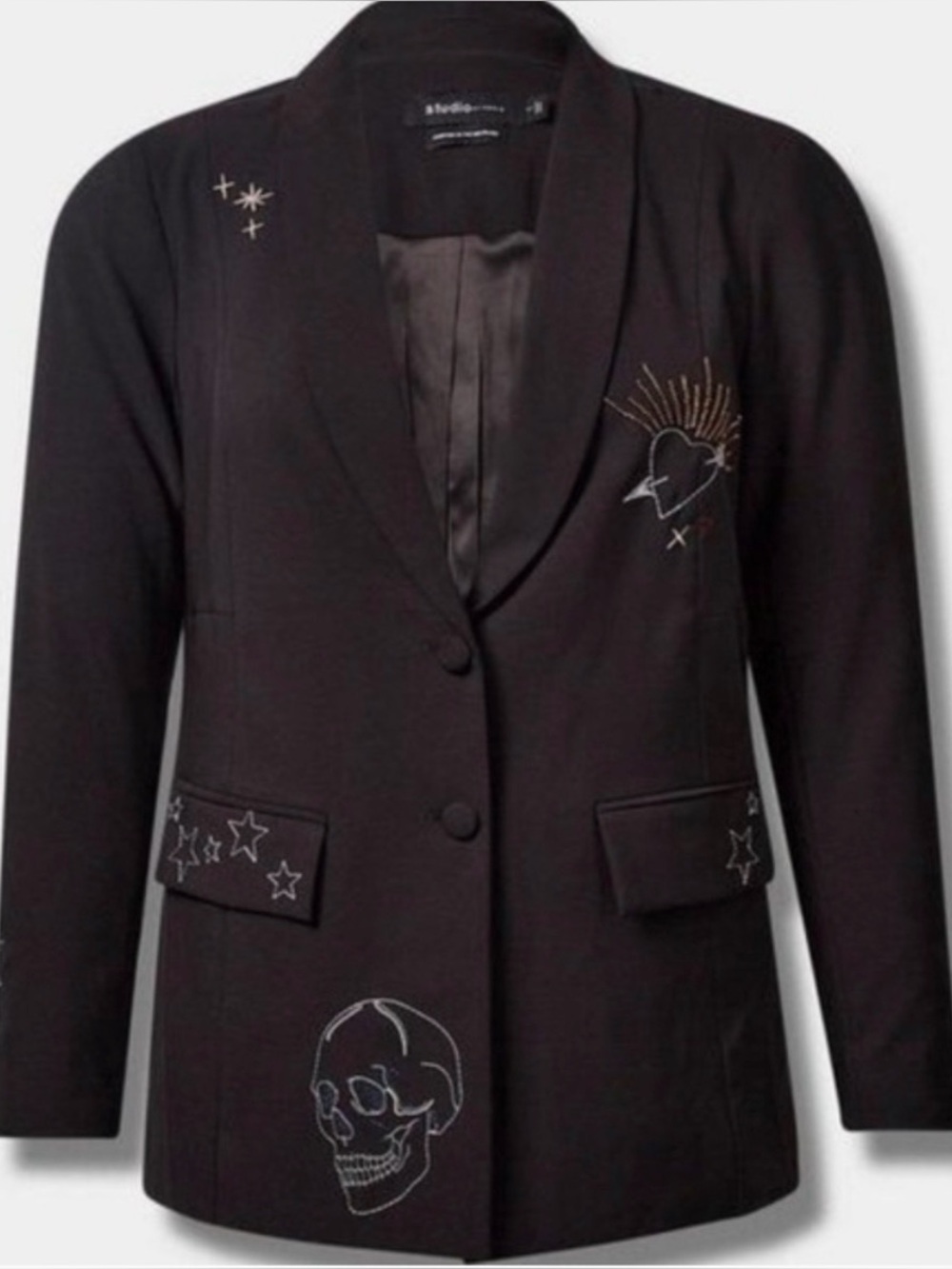 Torrid Studio Refined Crepe Blazer Black Embroidered Skull Stars Heart 2 2X NEW